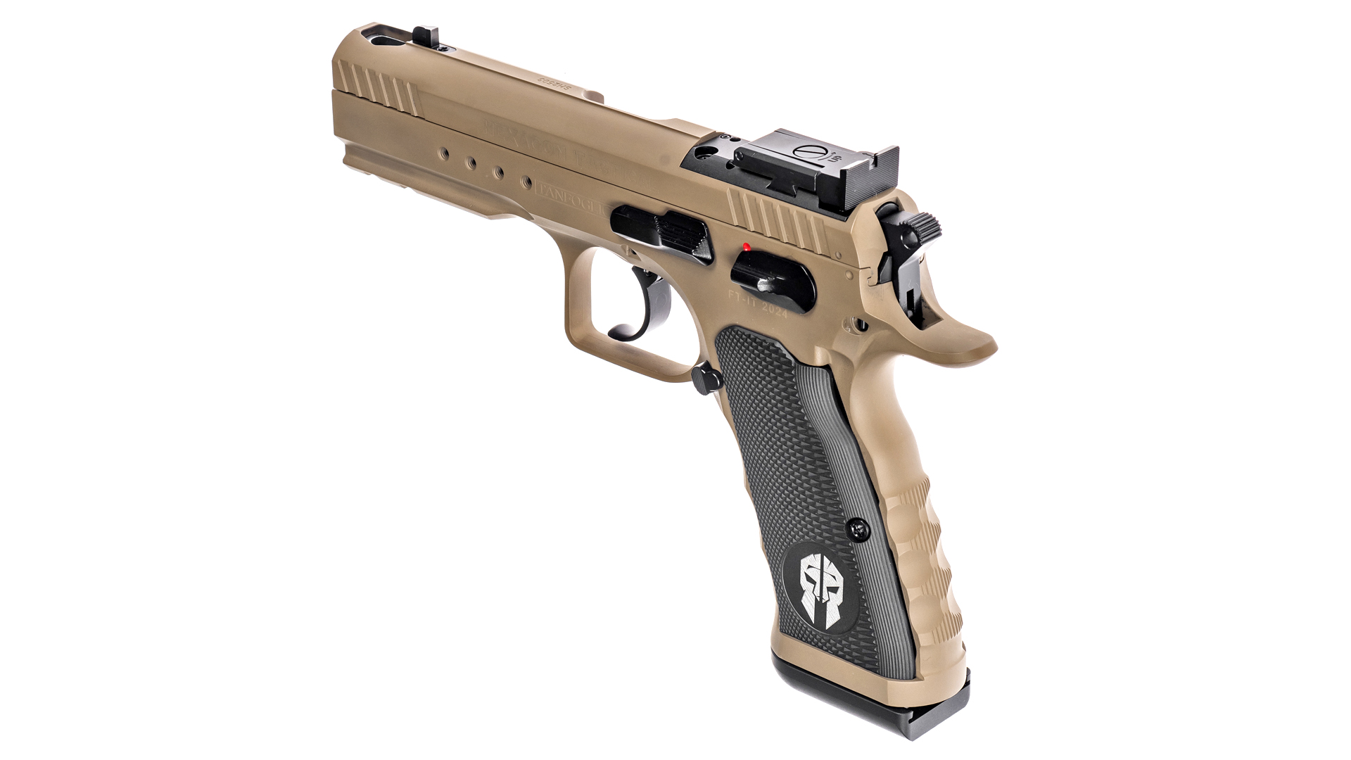 Top-rear view of the Tanfoglio Hexagon Tactical pistol with a tan Cerakote finish.