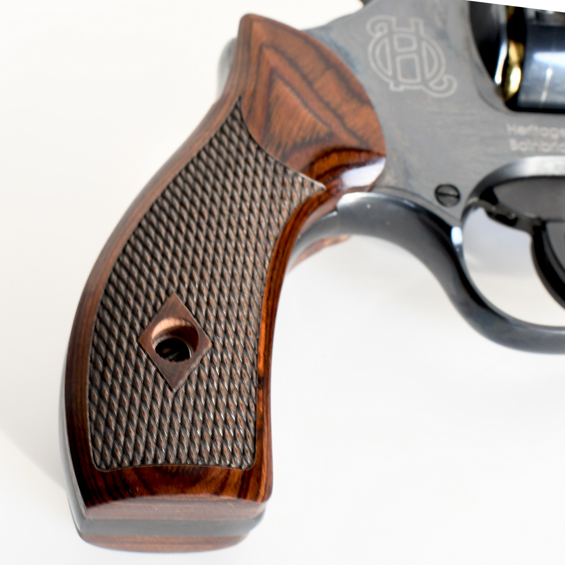 Heritage Manufacturing Roscoe double-action revolver stock wood grip closeup detail checkering