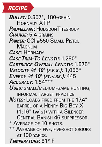 .357 Mag. Rifle Load specification table chart information on ammunition recipe components and testing perameters