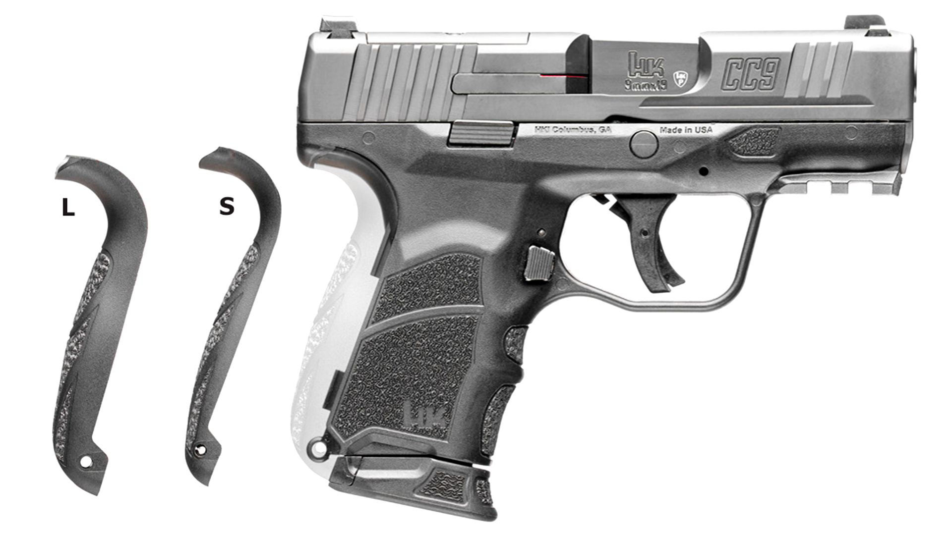 Right side of the Heckler & Koch CC9 shown with two interchangeable grip backstraps.