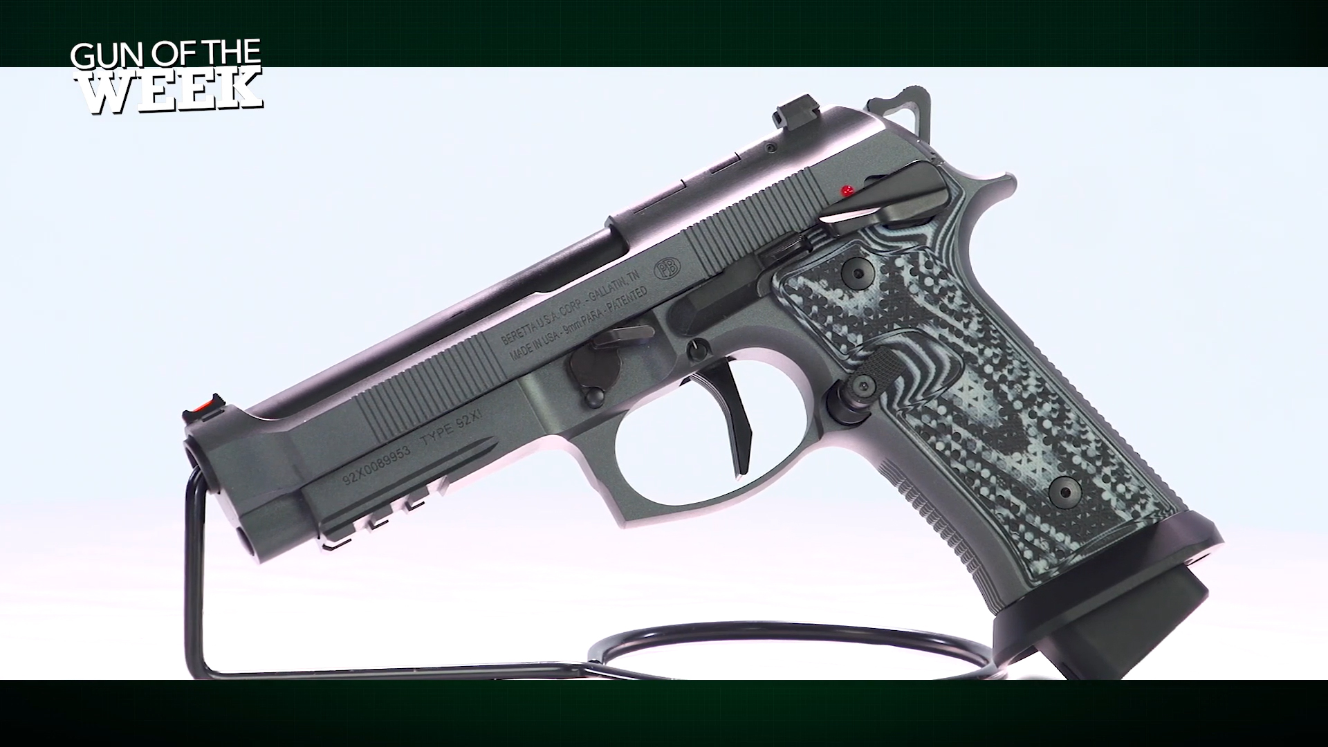 GUN OF THE WEEK text overlay Beretta 92XI Squalo 9 mm pistol left-side view white background