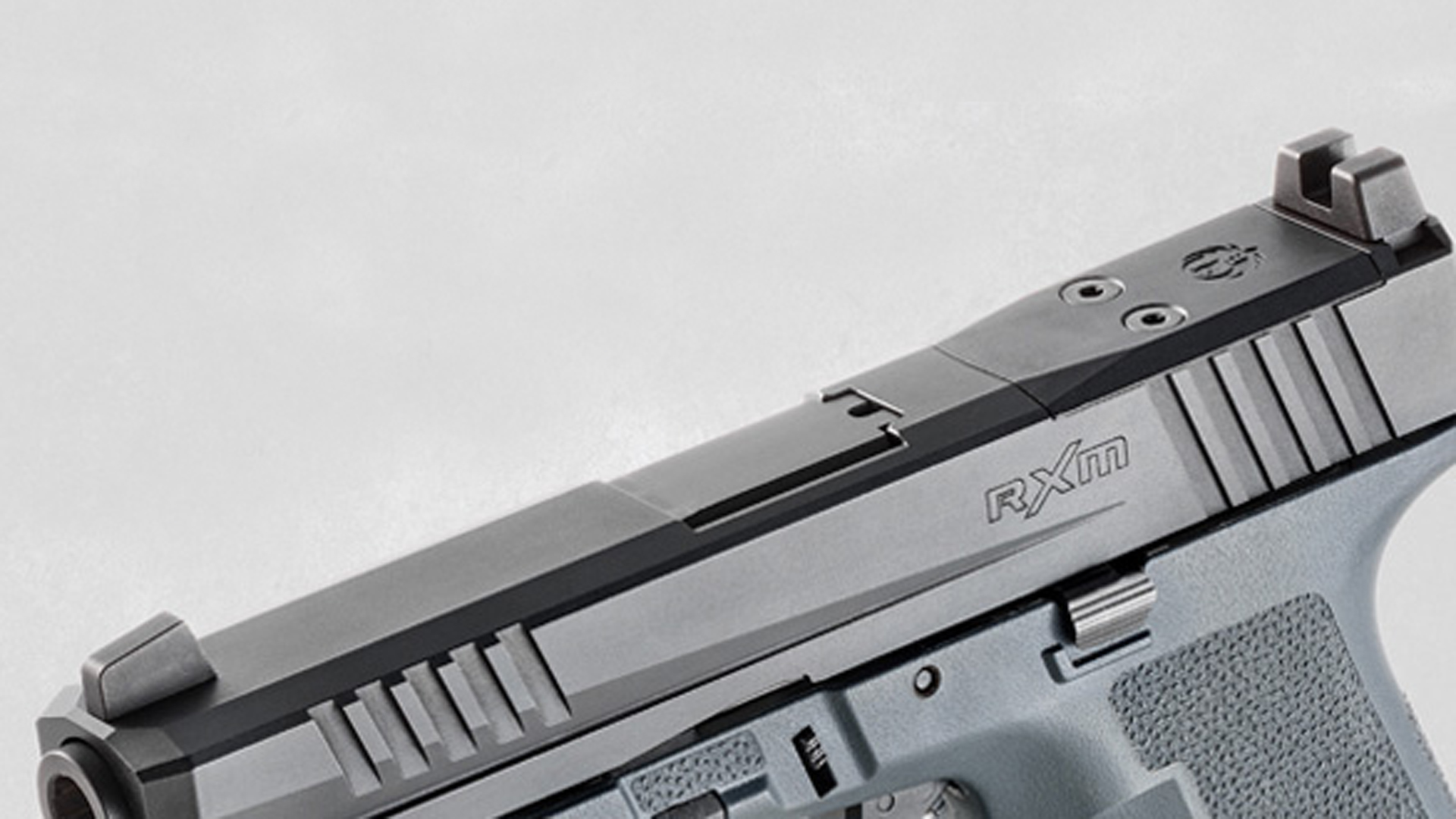 Top view of the Ruger RXM pistol, showing the iron sights and milled slide cut.