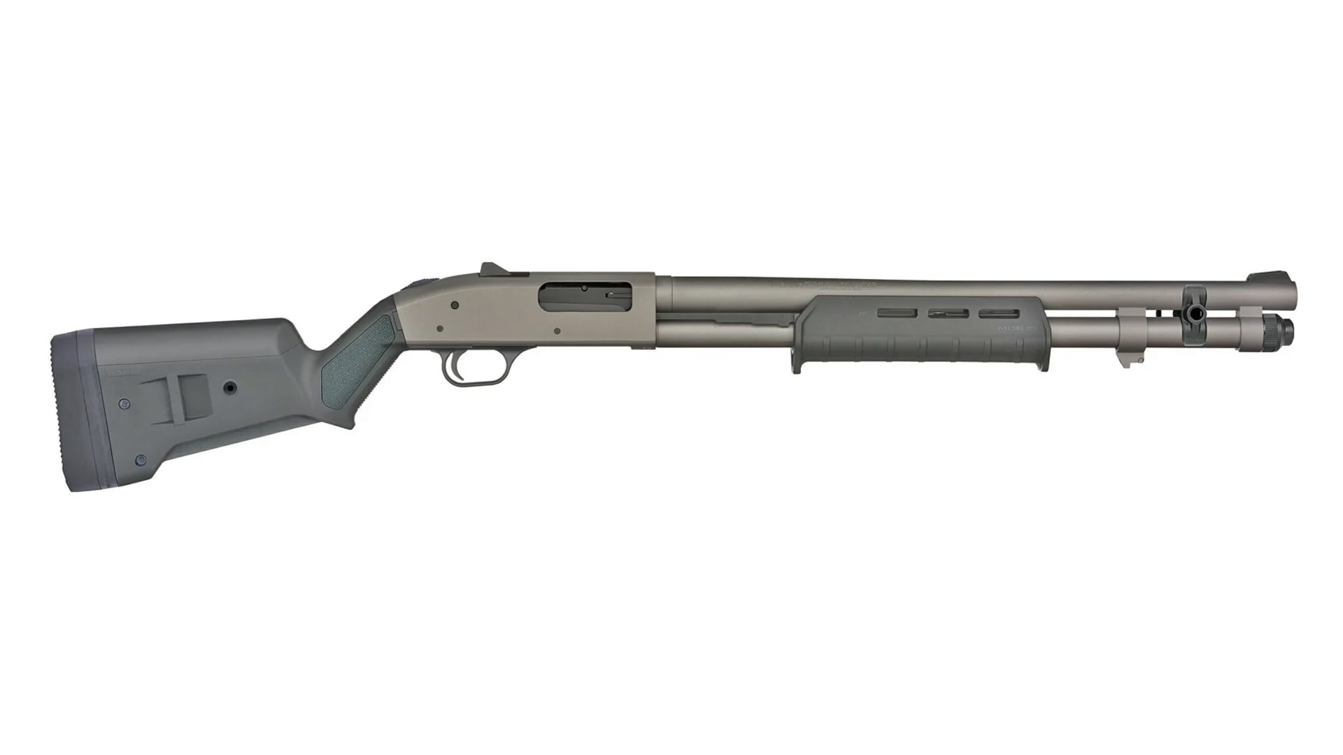 Right side of the Mossberg 590 Professional Series shotgun with Magpul furniture.