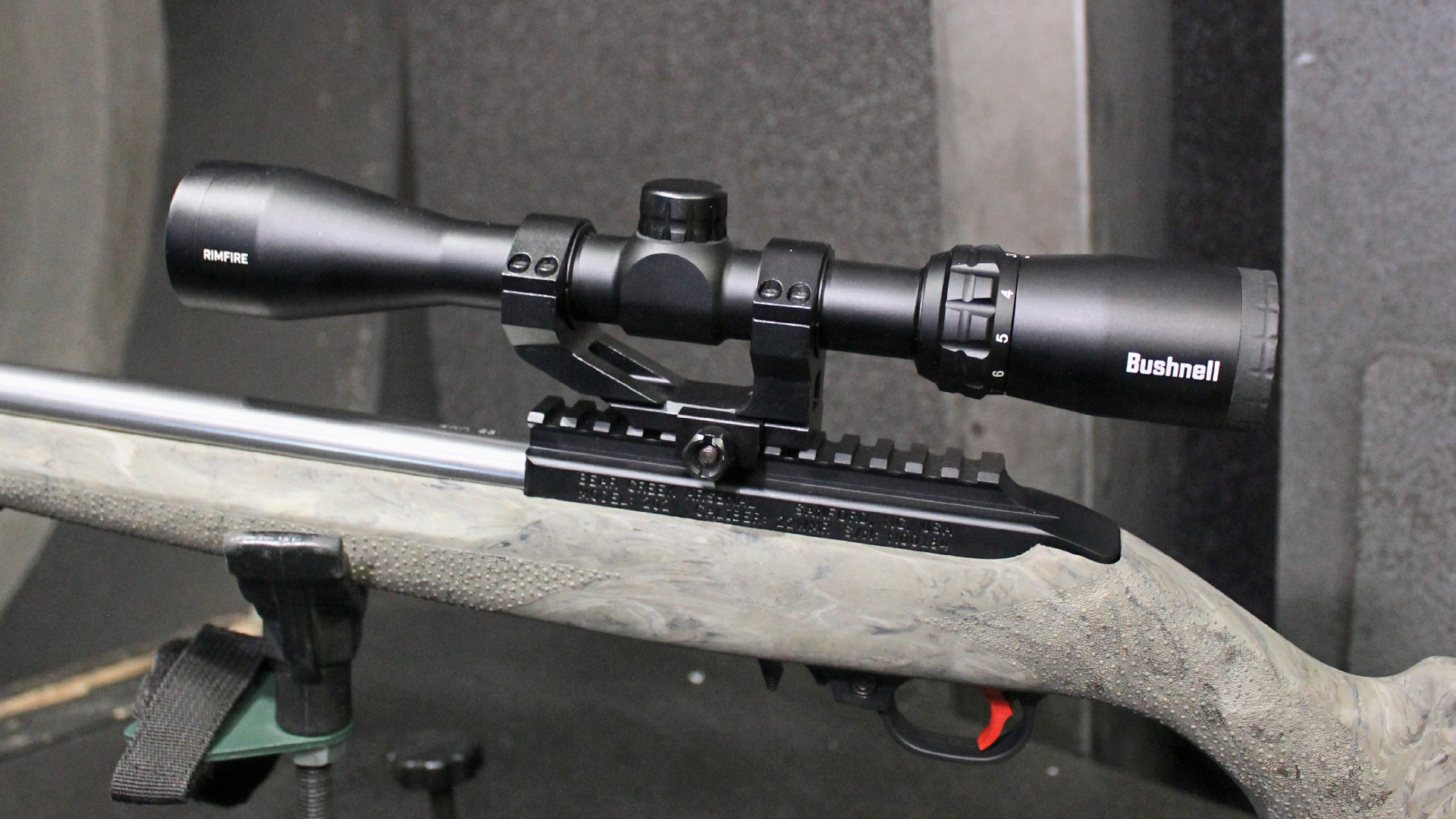 Bear Creek Arsenal BC-202 rifle in rest on range illustrating bushnell riflescope mounted to the gun