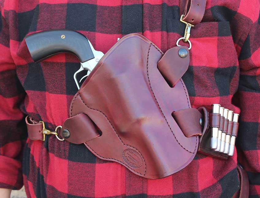 leather revolver chest rig flannel shirt red black