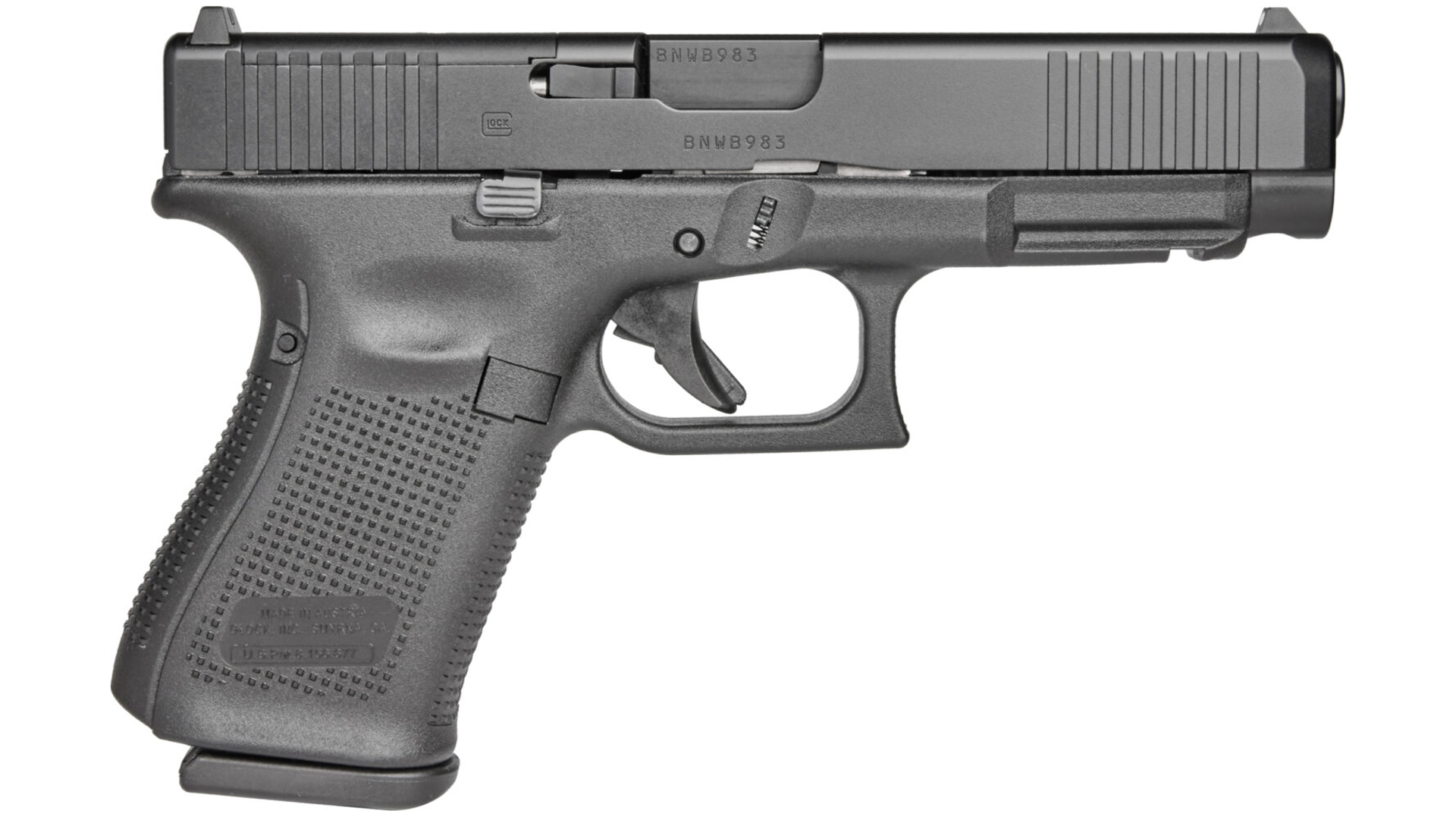 Glock G49 Gen5 MOS right-side view on white black pistol 9 mm luger black polymer frame optic-ready slide cut