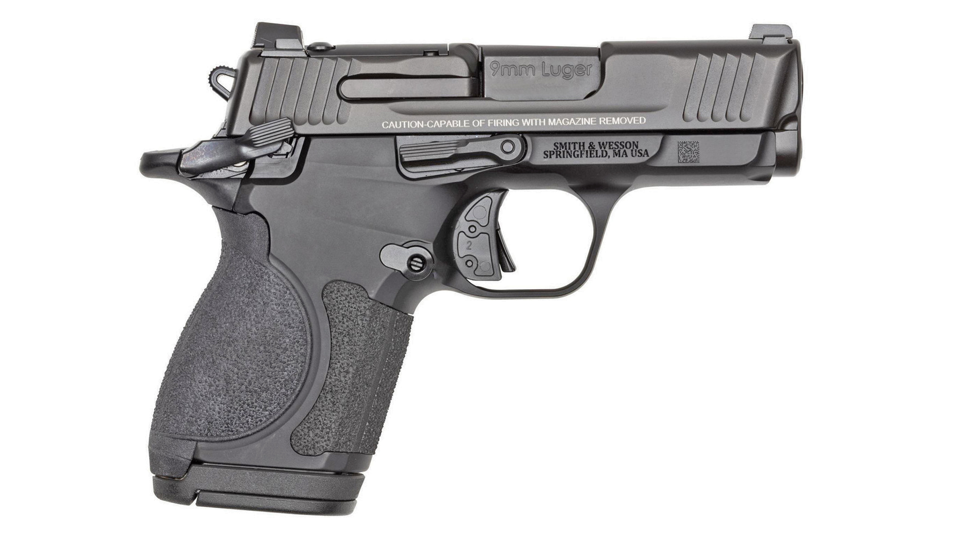 Right side of the 3.1-inch barreled Smith & Wesson CSX with a short grip frame and a flush-fit, 12-round magazine inserted.