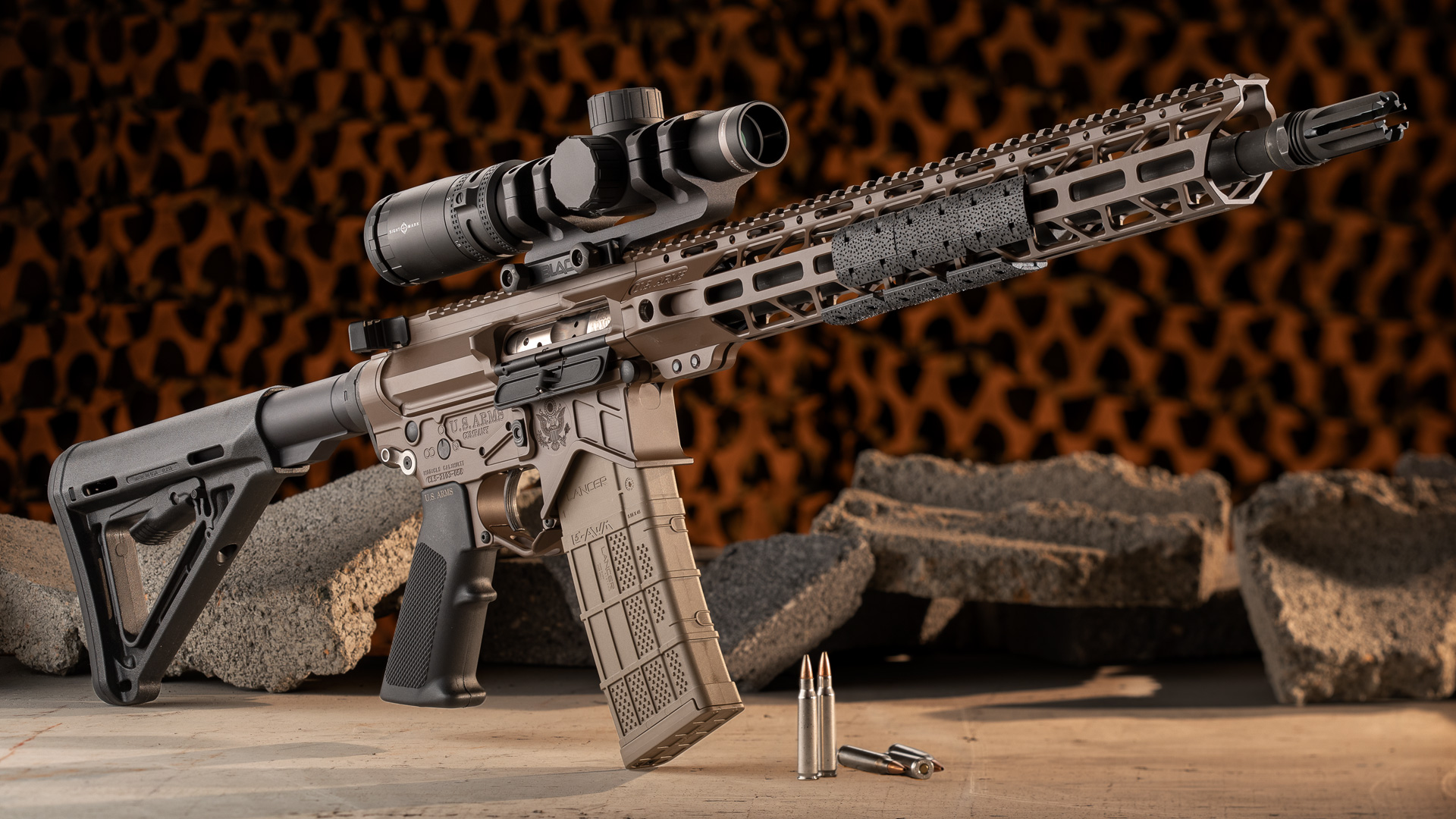 U.S. Arms Co. M4 UTAW angled dynamic right-side view shown with broken blocks ammunition military netting background leupold riflescope attached to top rail