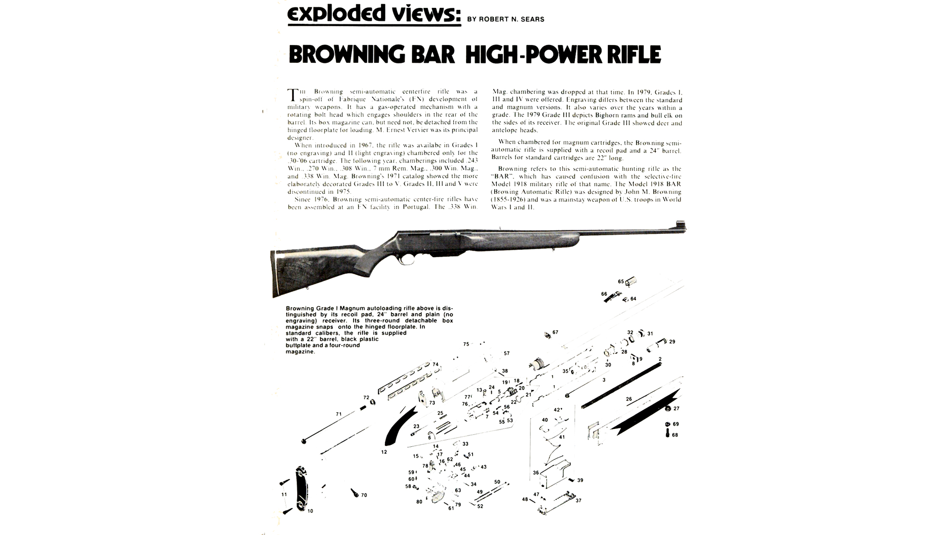 Exploded view of Browning BAR High-Power Rifle text on image magazine snippet 1979 american rifleman