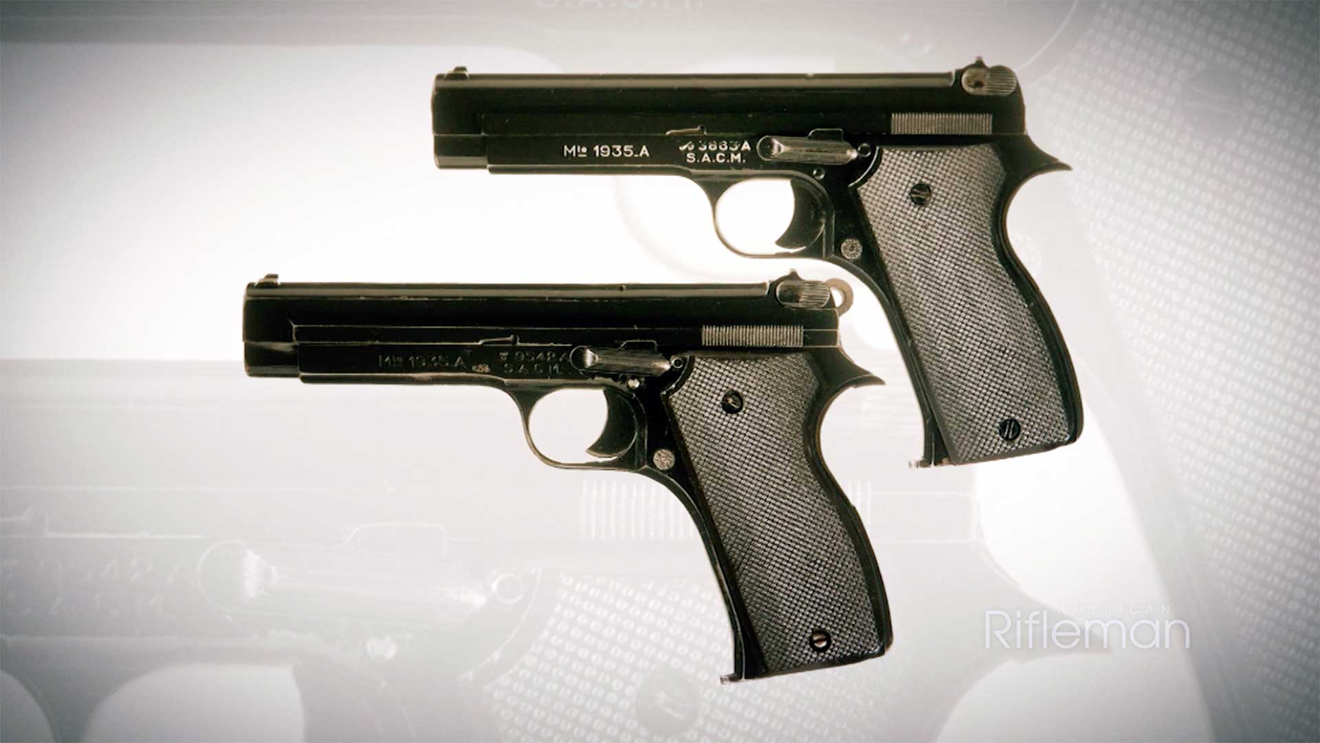 Left side of two French Model 1935A pistols.