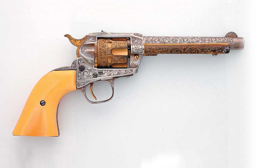 Engraved by Cole Agee, this historic Ruger Single Six enjoys the distinction of being the first engraved Ruger revolver shipped from the Red Barn. It is gold- and silver-plated and carries an inscription on its backstrap that reads: &quot;To John T. Amber With The Compliments of Col. Ruger.&quot; The gun also graced the cover of The Gun Digest&#x27;s 8th Edition in 1954.