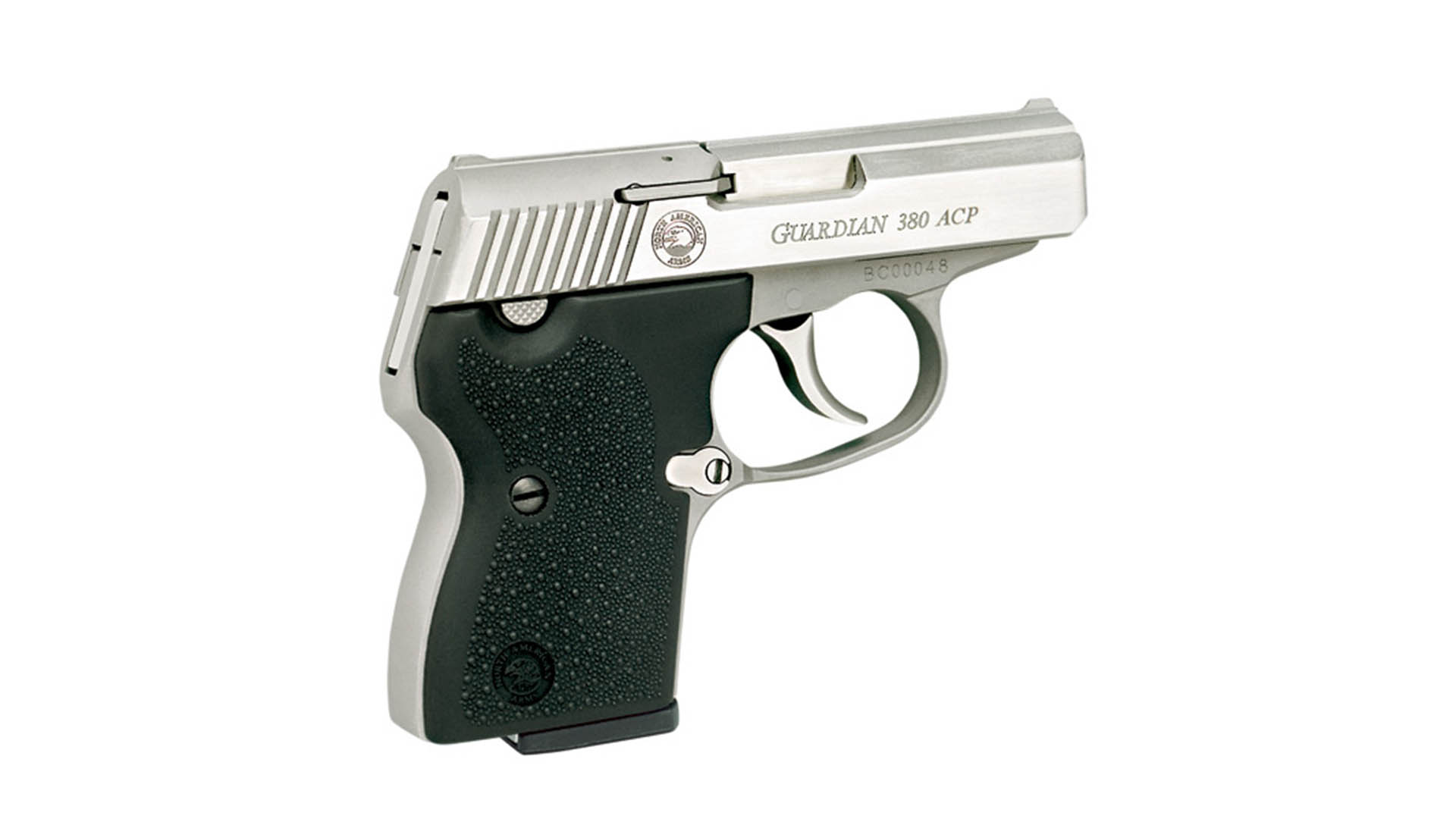 North American Arms NAA-380 Guardian pistol stainless steel silver metal black grip stock right-side view handgun pistol semi-automatic