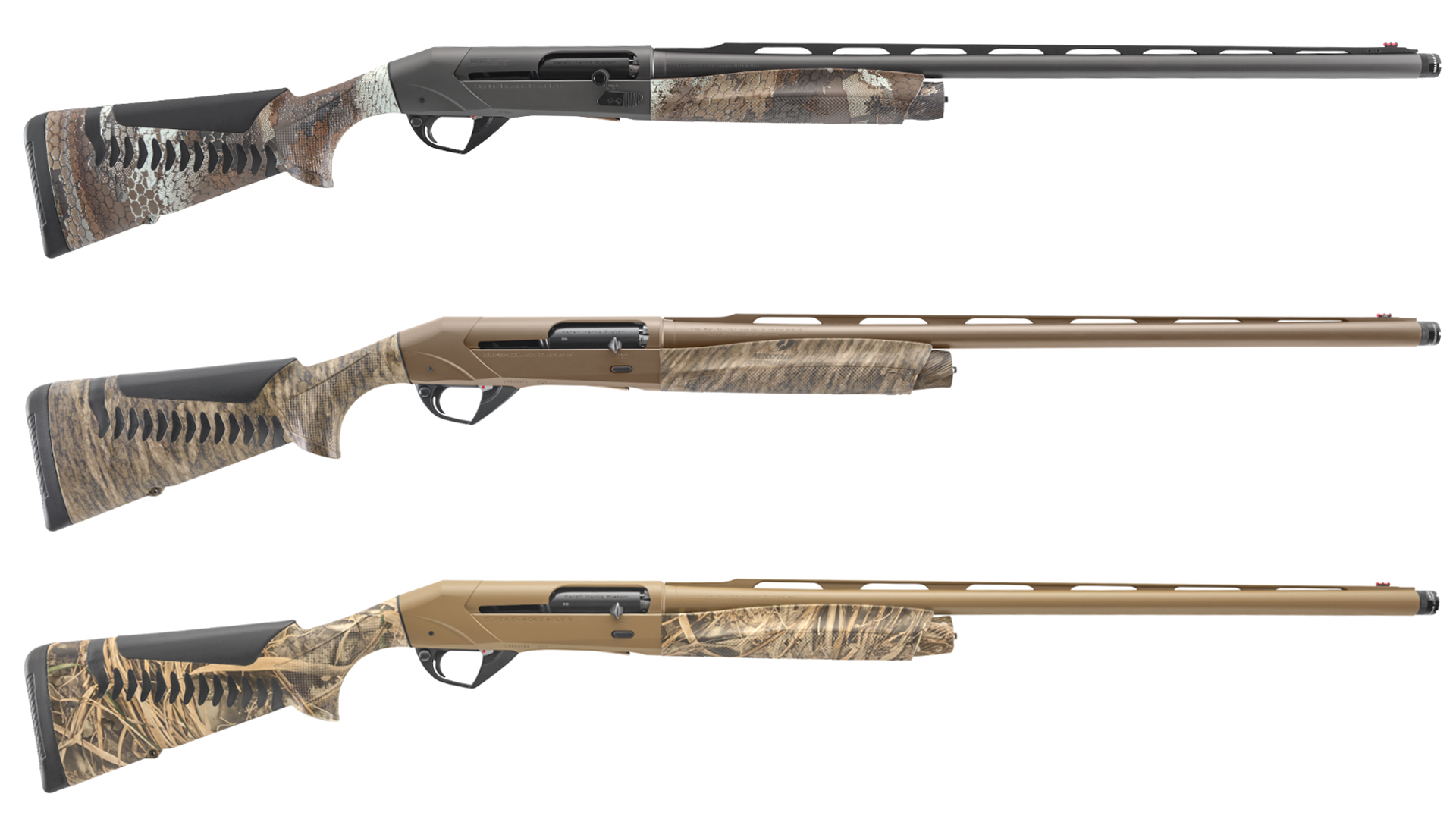 Three Benelli Super Black Eagle 3 shotguns, each with a different metal and camouflage finish.