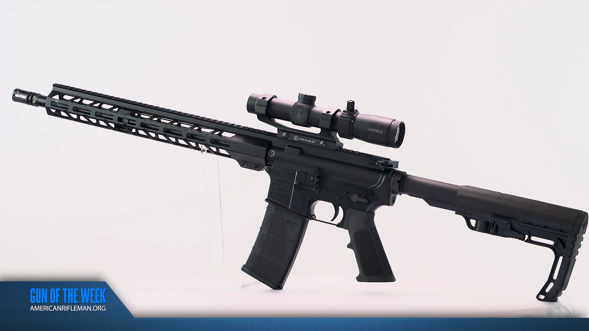 GUN OF THE WEEK text on image of POF USA P-15 Base semi-automatic rifle black ar-15 shown with Leupold riflescope attached