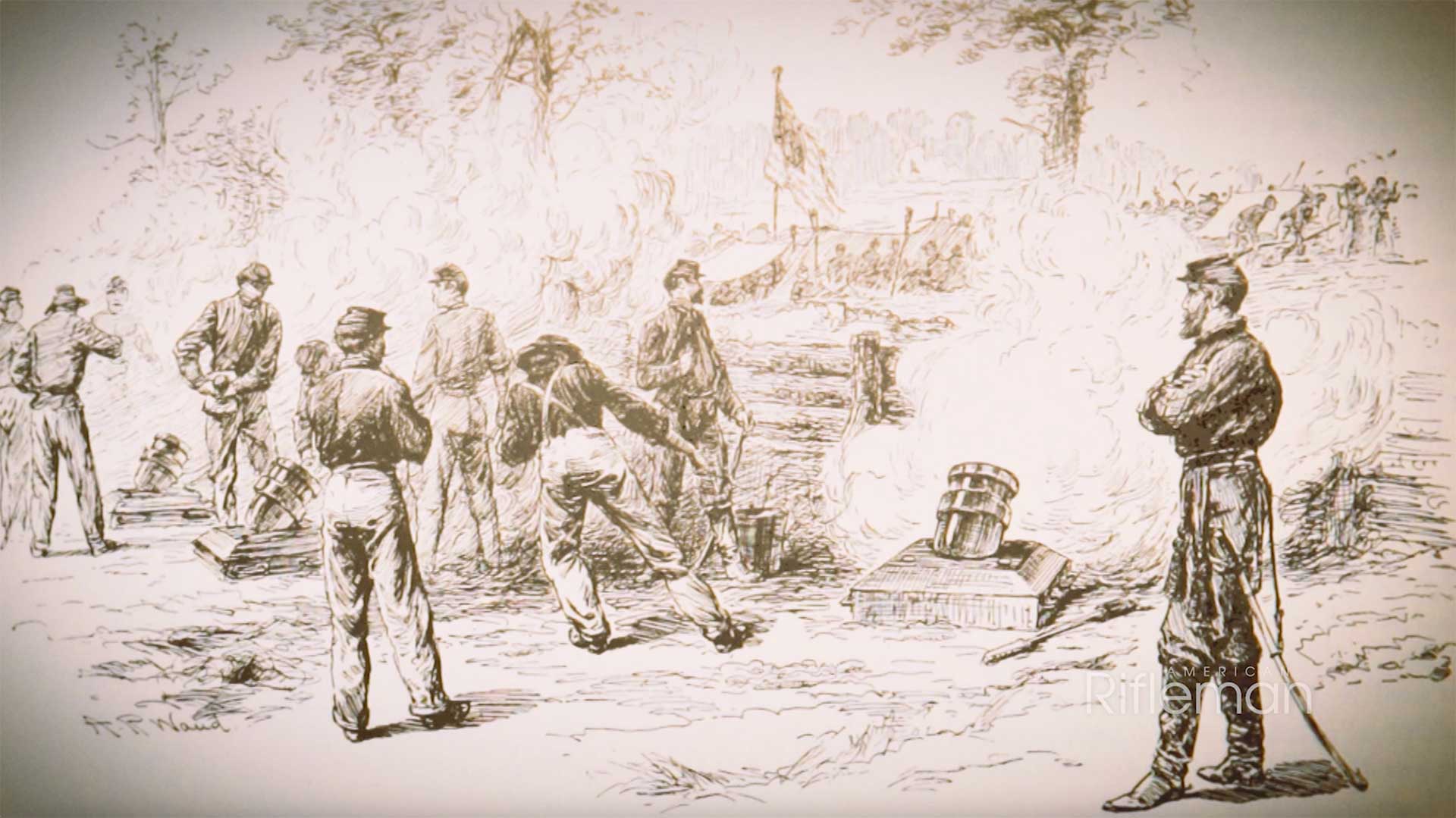 A Civil War era drawing of artillery crews firing mortars.