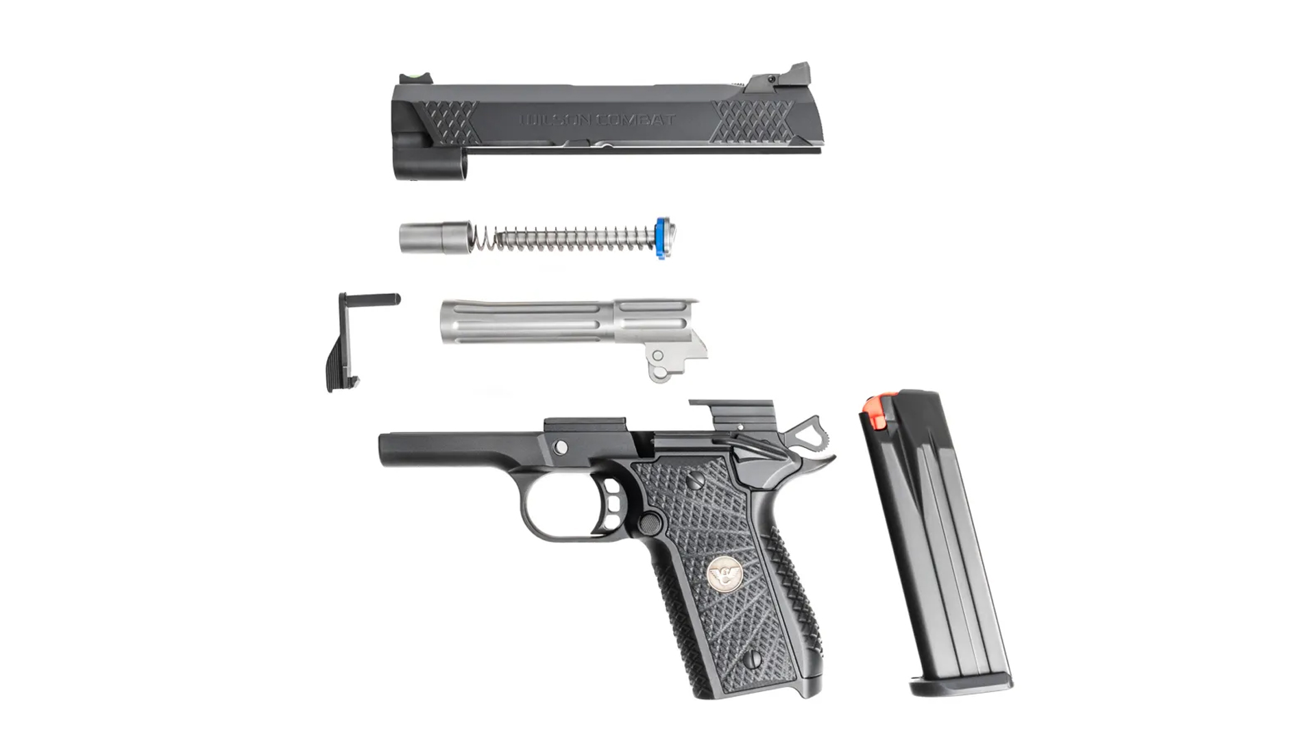 A disassembled view of the Wilson Combat EDC X9 2.0 pistol.