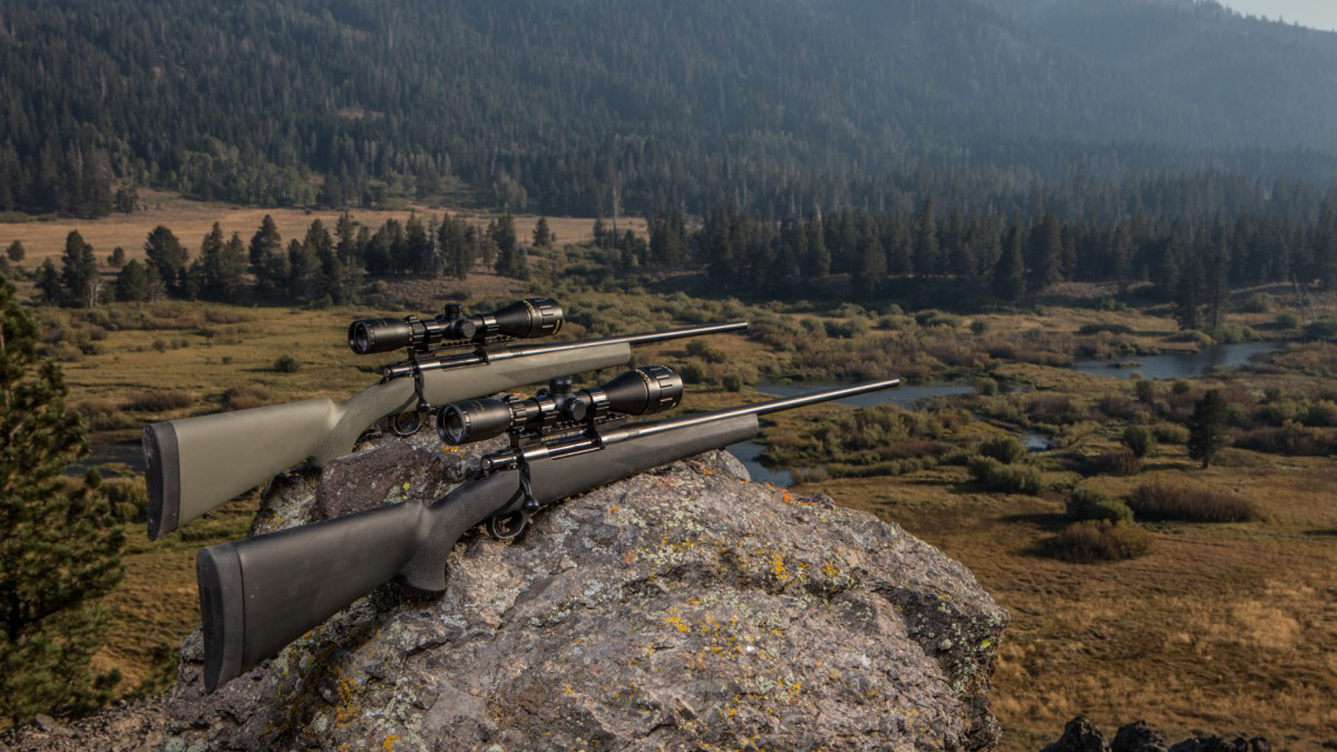 Two Howa bolt-action rifles sitting on a rock overlooking a wooded mountain valley.