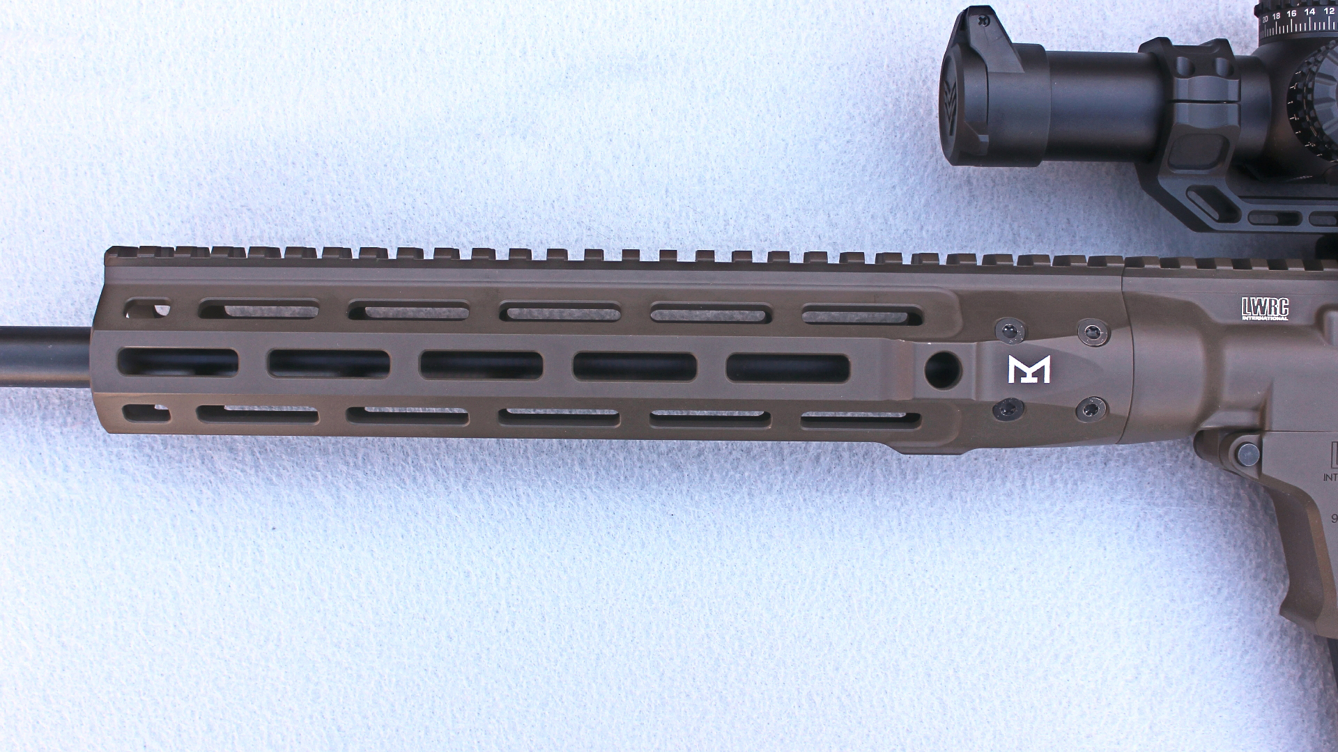 LWRCI IC 9 Carbine left-side close-up of handguard Patriot Brown Cerakote