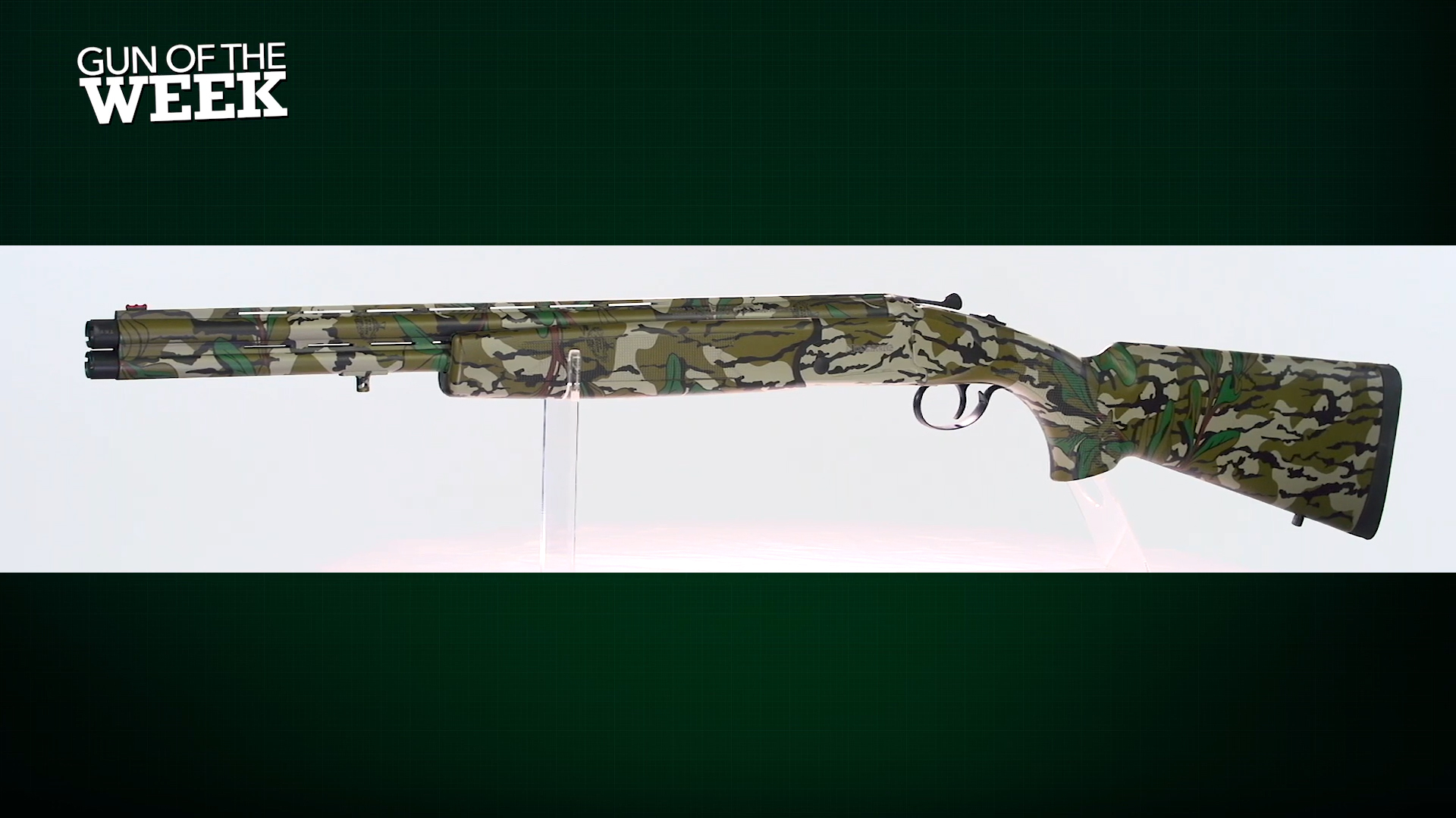 Mossberg International Silver Reserve Eventide Turkey over-under camouflage shotgun left-side view on white text on image noting GUN OF THE WEEK
