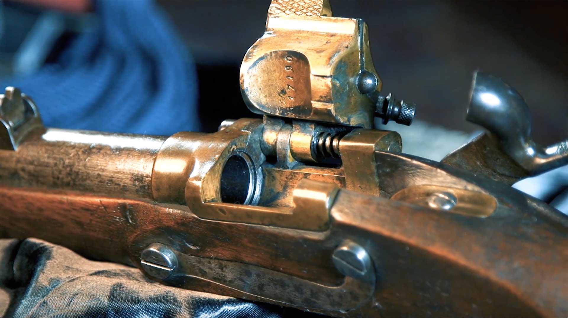 The open breech of a French Tabatiere breechloading rifle.