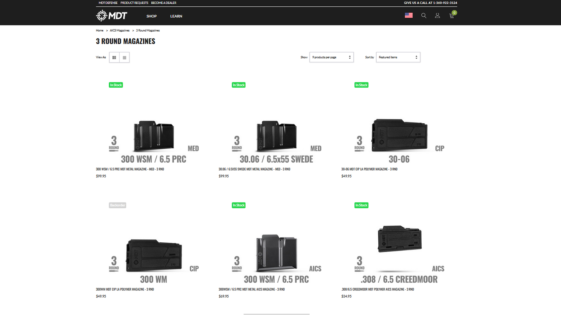 MDT webpage screenshot magazine rifle accessories components