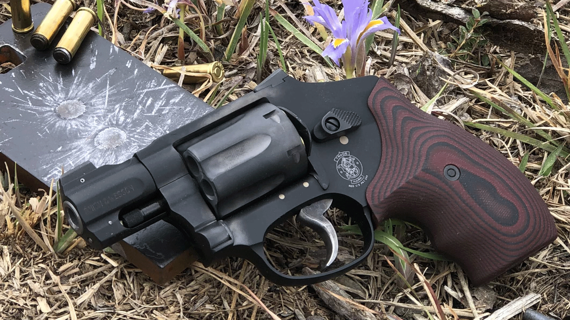 Smith & Wesson J-Frame revolver black gun red stocks g10 laminate shown next to steel target ammunition outdoors grass leaves