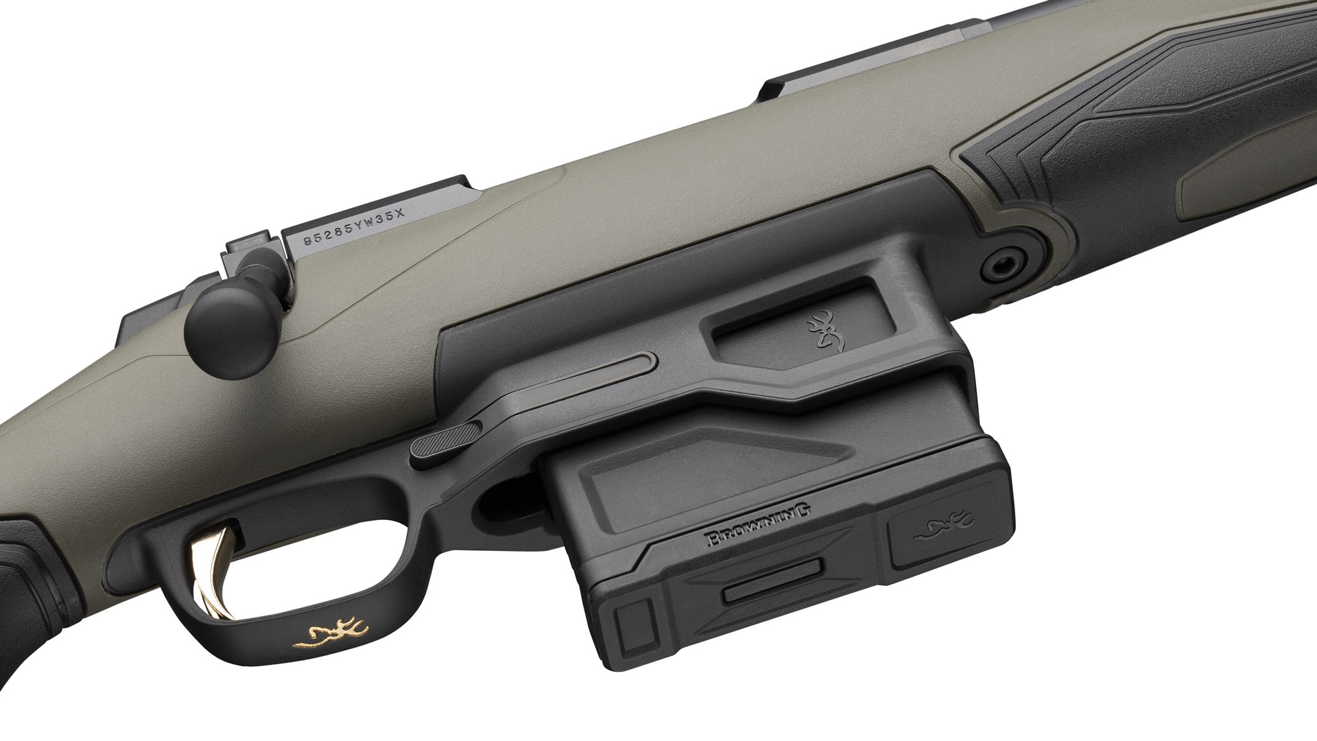 New For 2025: Browning X-Bolt 2 All Purpose bolt-action rifle underside view green Vari-Tech stock detachable box magazine gold trigger and gold buckmark logo shown on white background