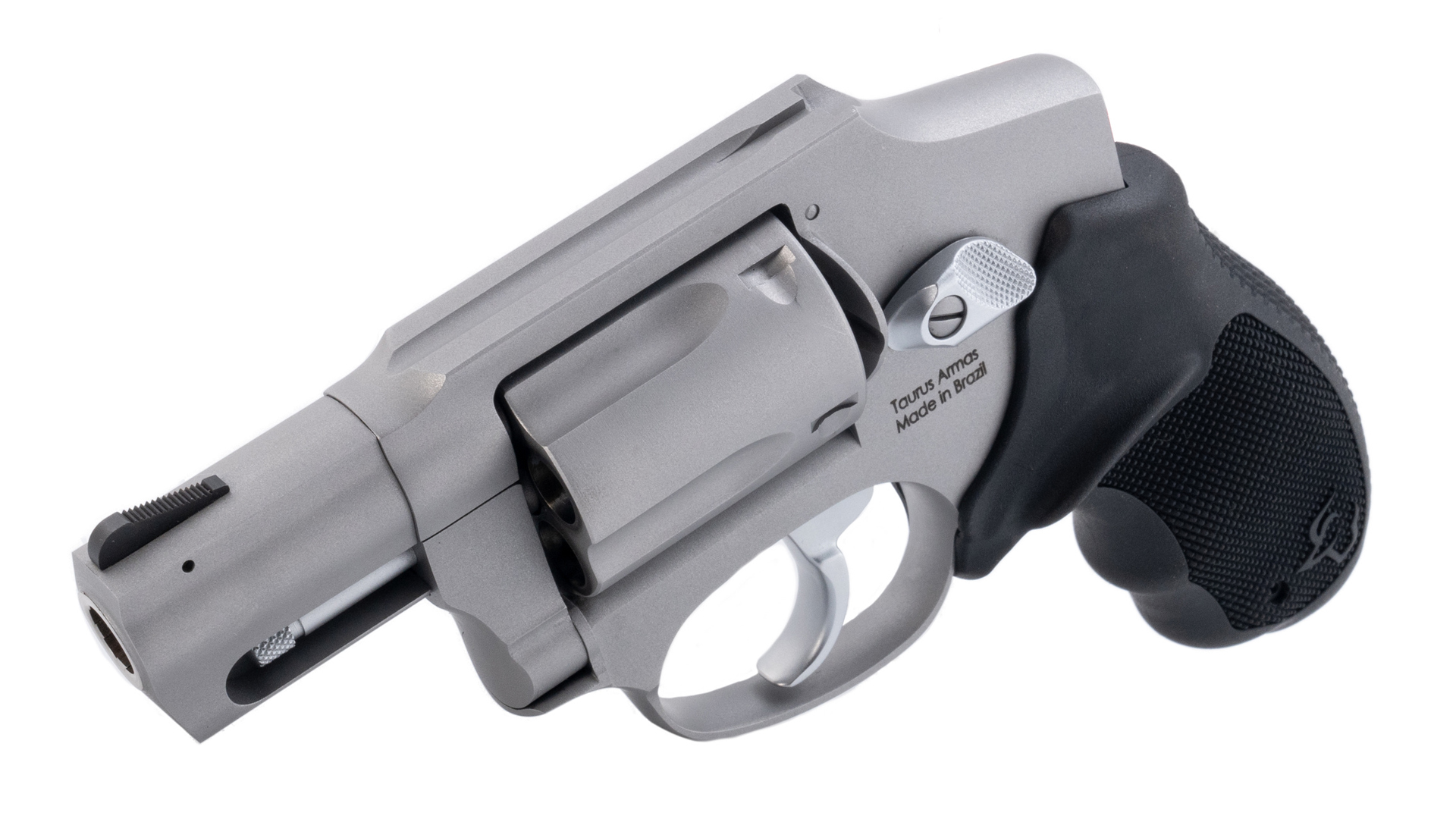 Left side view of the stainless steel Taurus 650 revolver.