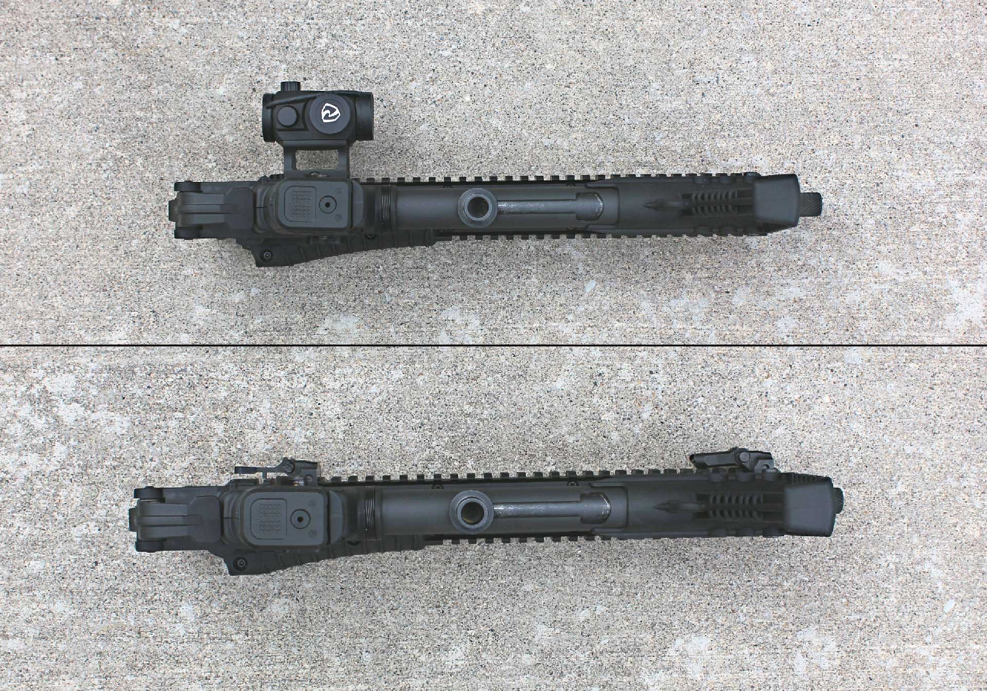 A bottom view of the KelTec SUB2000 GEN3 carbine fully folded with a red-dot optic mounted.