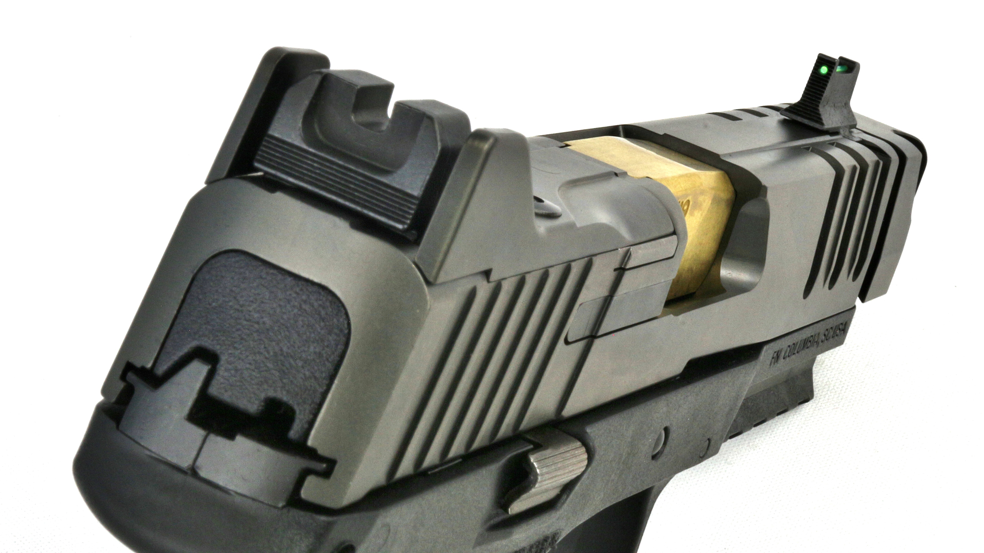 Review: FN 509 CC Edge XL rear view of slide sights serrations gold barrel hood