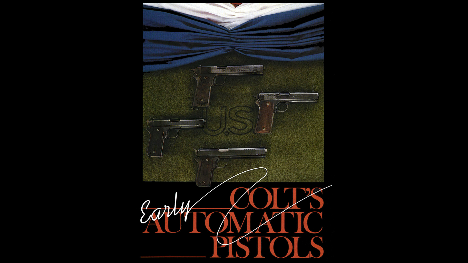 Magazine article cover with text showing colt firearms pistols black background