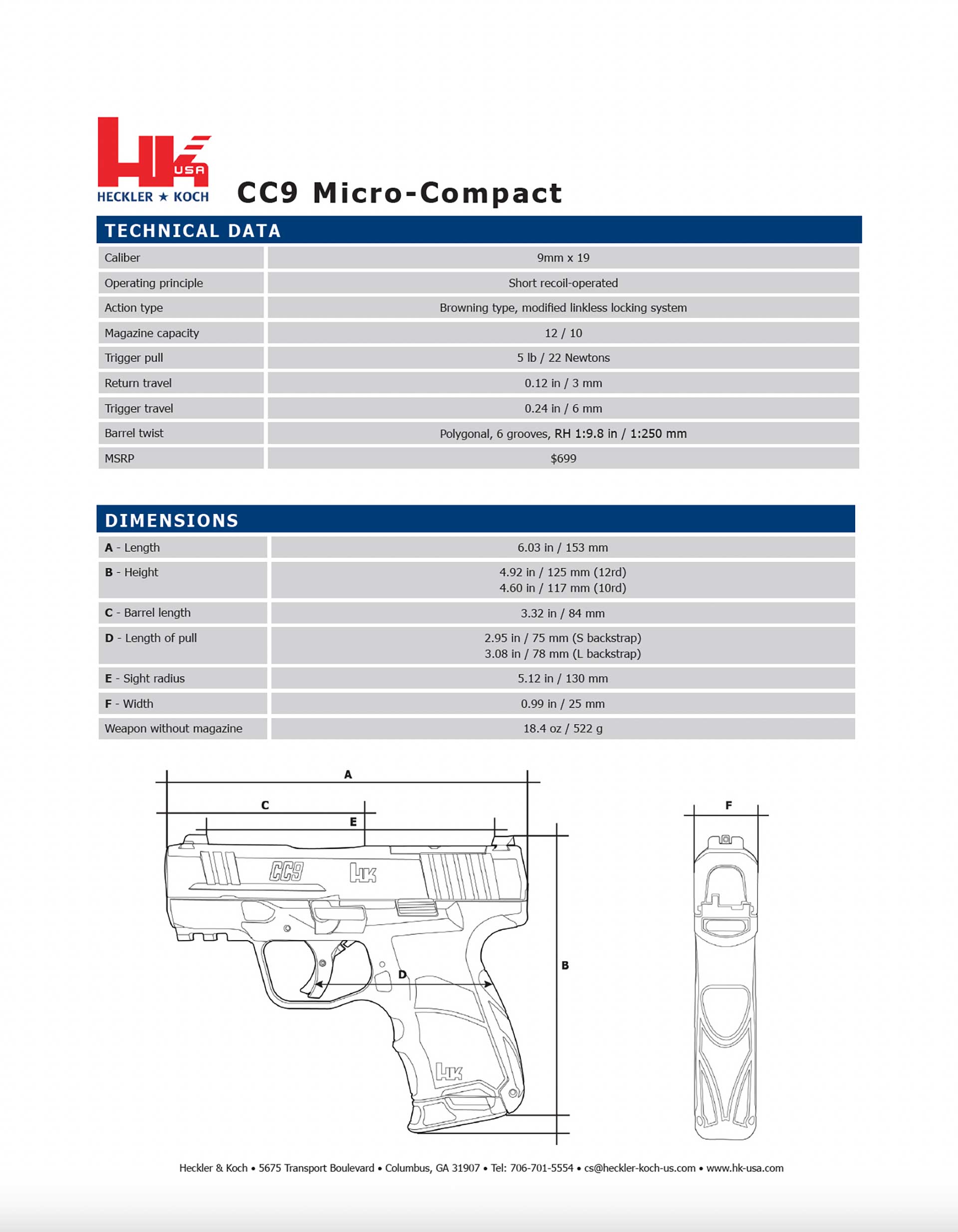 Technical data sheet on the Heckler & Koch CC9 pistol.