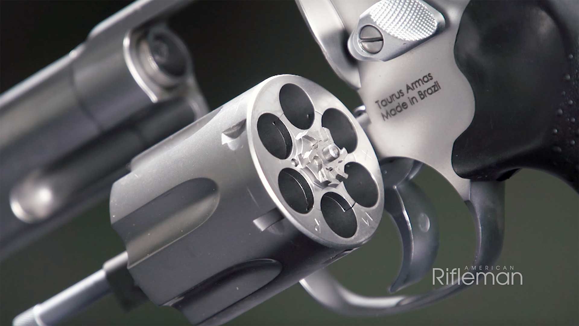 Open six-round cylinder shown in the Rossi RP63 revolver.