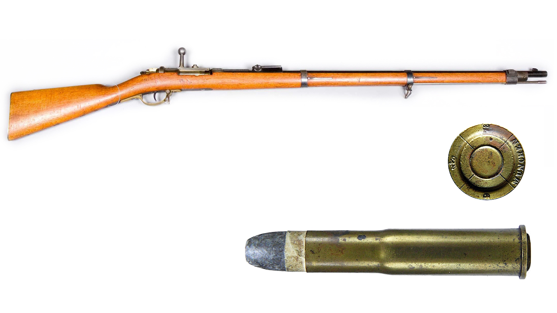 German Mauser m71 1871 model 11 mm rimmed cartridge shown at bottom bolt-action rifle with wood stock right-side view shown above.