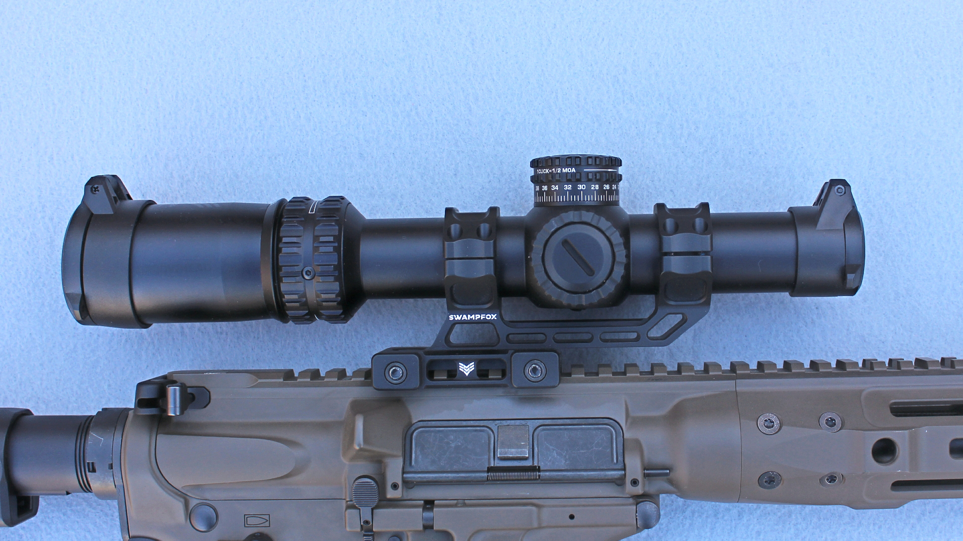 Swamp Fox Arrowhead LPVO riflescope right-side view attached to LWRCI IC 9 carbine patriot brown cerakote finish