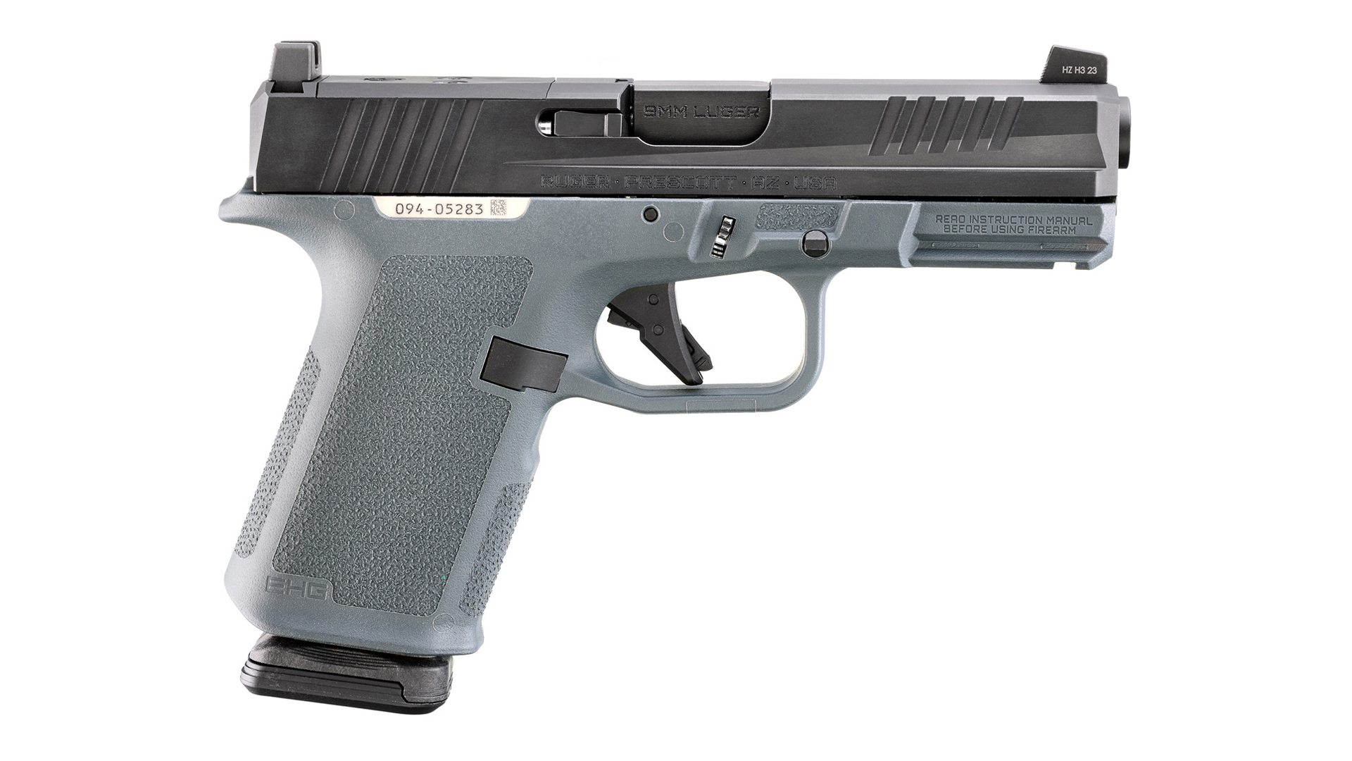 Right side of the Ruger RXM pistol with a gray frame and black slide.