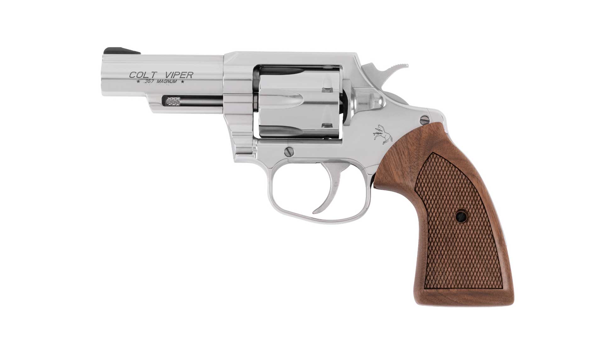 Left side of the stainless-steel Colt Viper revolver with a 3" barrel and wood grips.