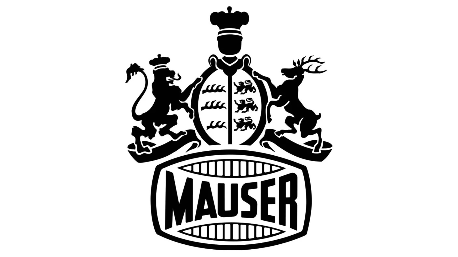 Mauser logo lion stag crown black ink on white background