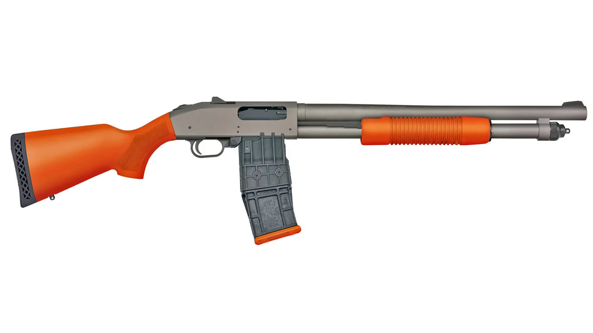 Mossberg 590M shown with orange furniture.