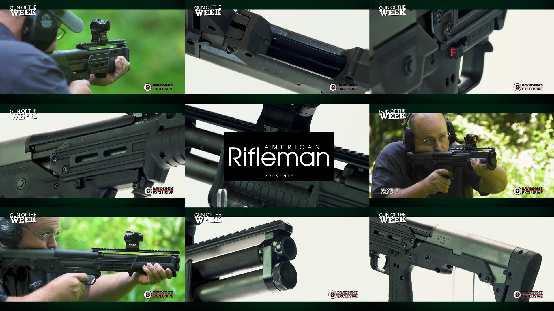 AMERICAN RIFLEMAN PRESENTS GUN OF THE WEEK text on mosaic tiles 9 images Keltec KS7 bullpup shotgun in use on shooting range man wearing protective gear shooting shotgun 12 gauge pump-action