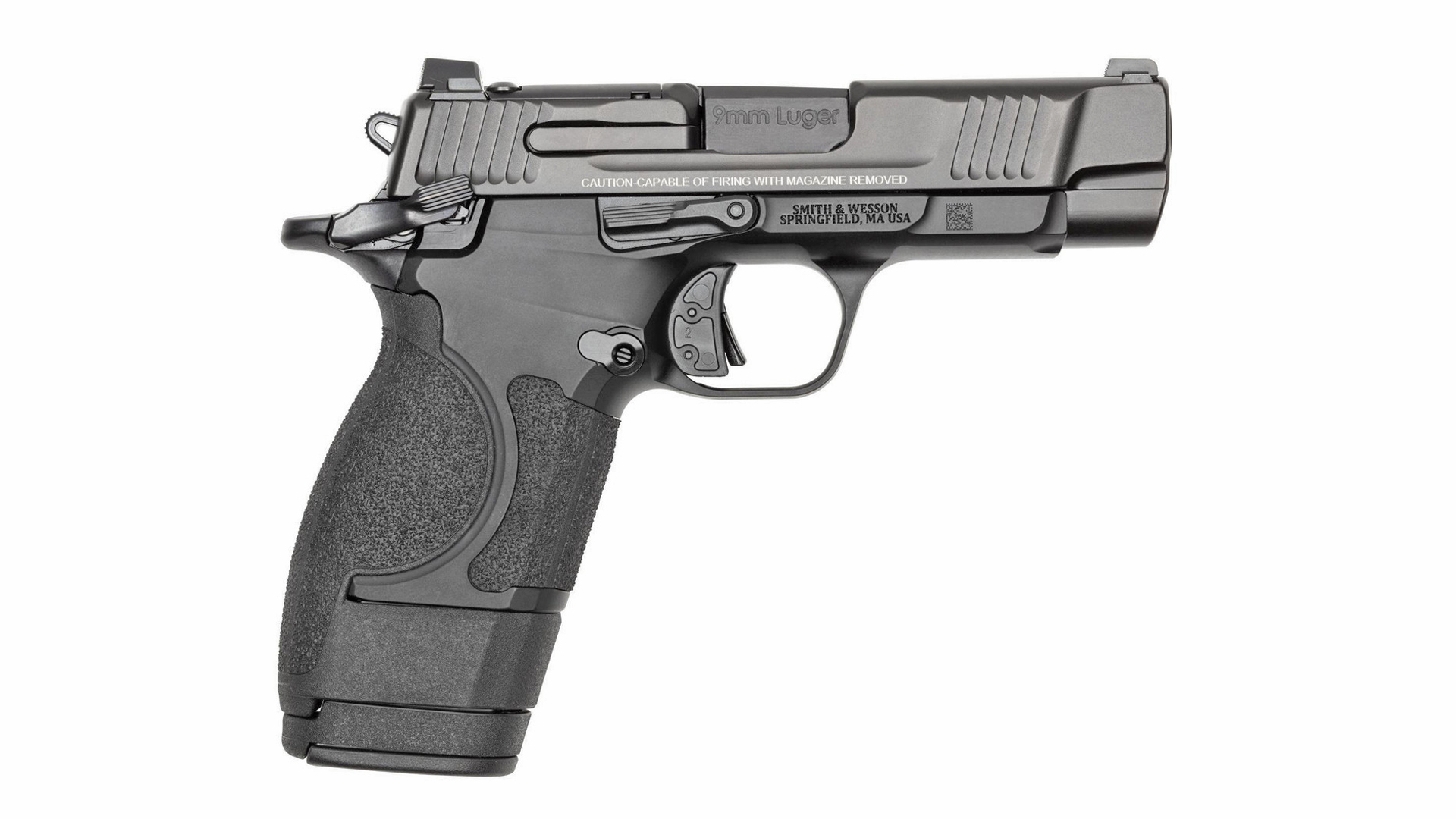 Right side of the Smith & Wesson CSX E-Series shown with a 3.6" barrel and an extended magazine and grip frame.