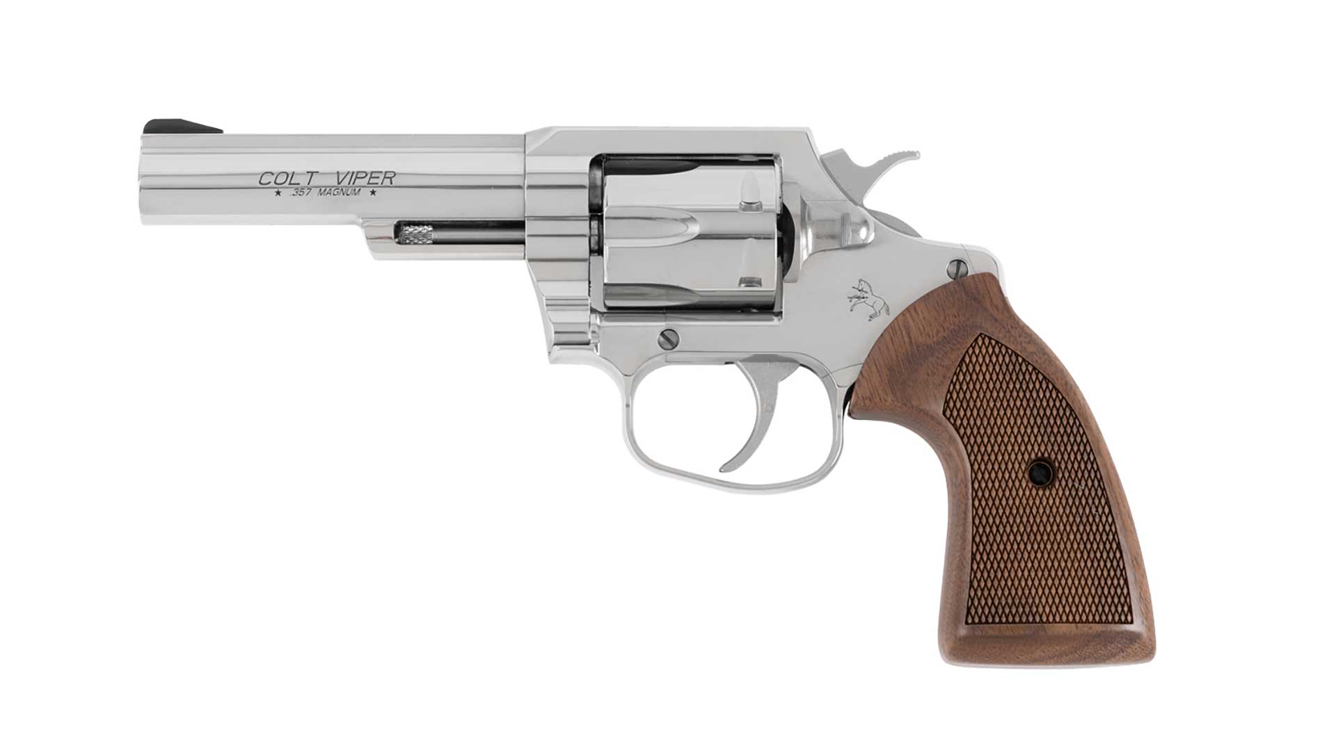 Left side of the Colt Viper stainless-steel revolver with a 4.25 inch barrel and wood grips.