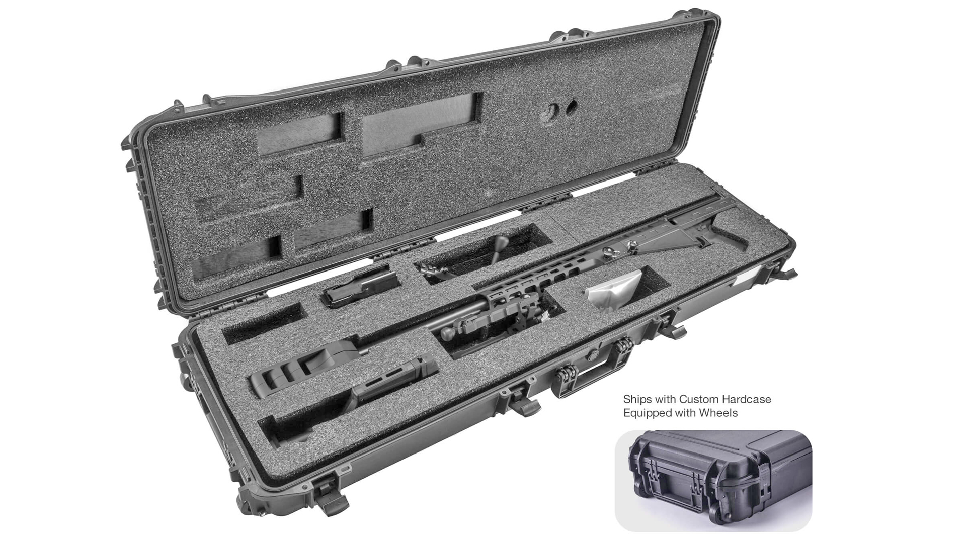 An Auto-Ordnance Thompson TAO50 bolt-action rifle shown inside its hard-sided, foam-lined carrying case.