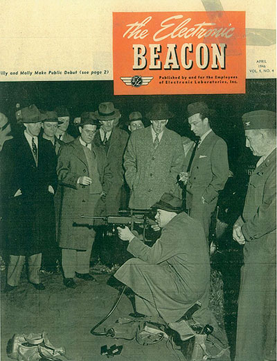 The cover of the April 1946 issue of The Electronic Beacon shows an individual sighting a T3 carbine with infrared sight.