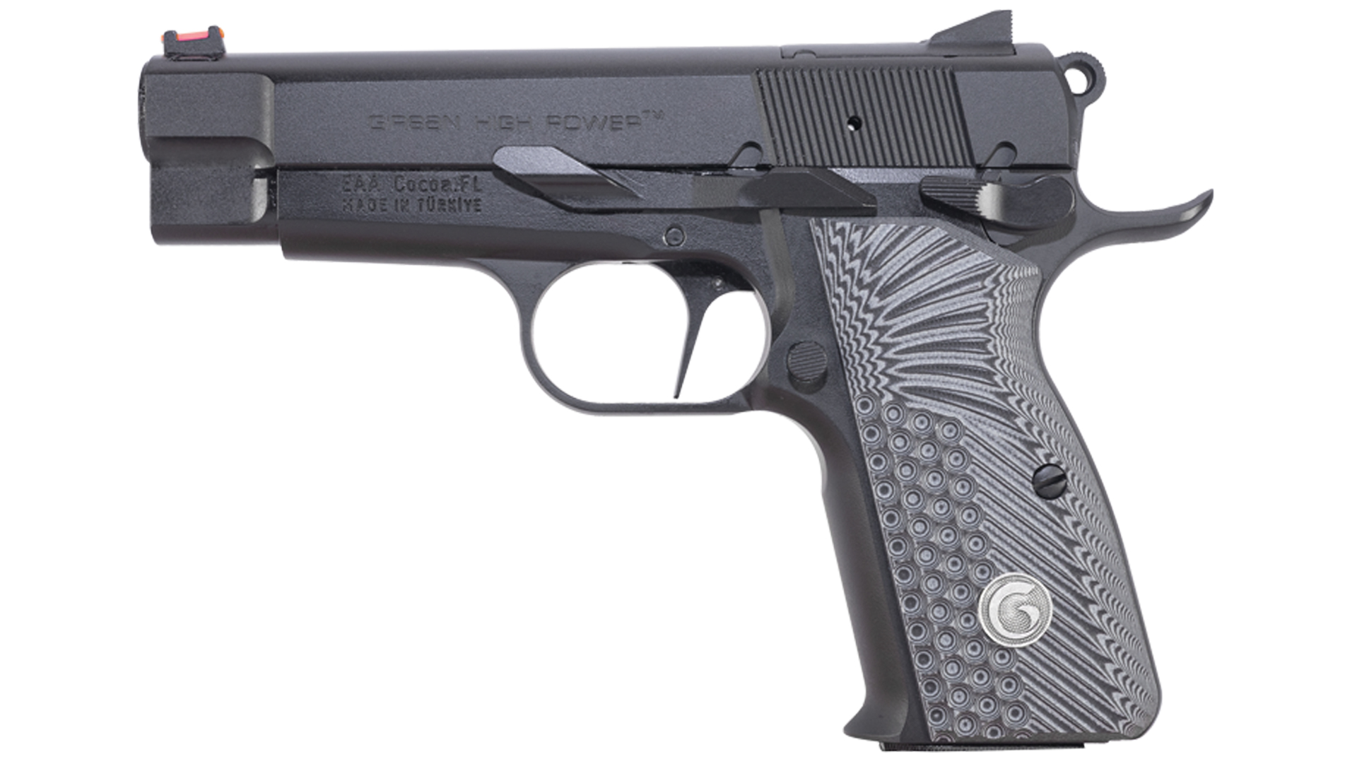 EAA Corp Girsan MC P35 PI LW Match pistol left-side view on white black gun g10 gray stocks medalion