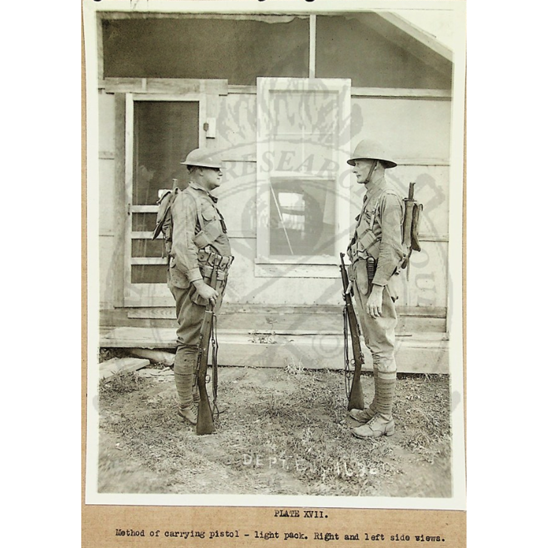 Side view of two soldiers equipped for field duty with M1903 Mark I rifles and Pedersen Devices.