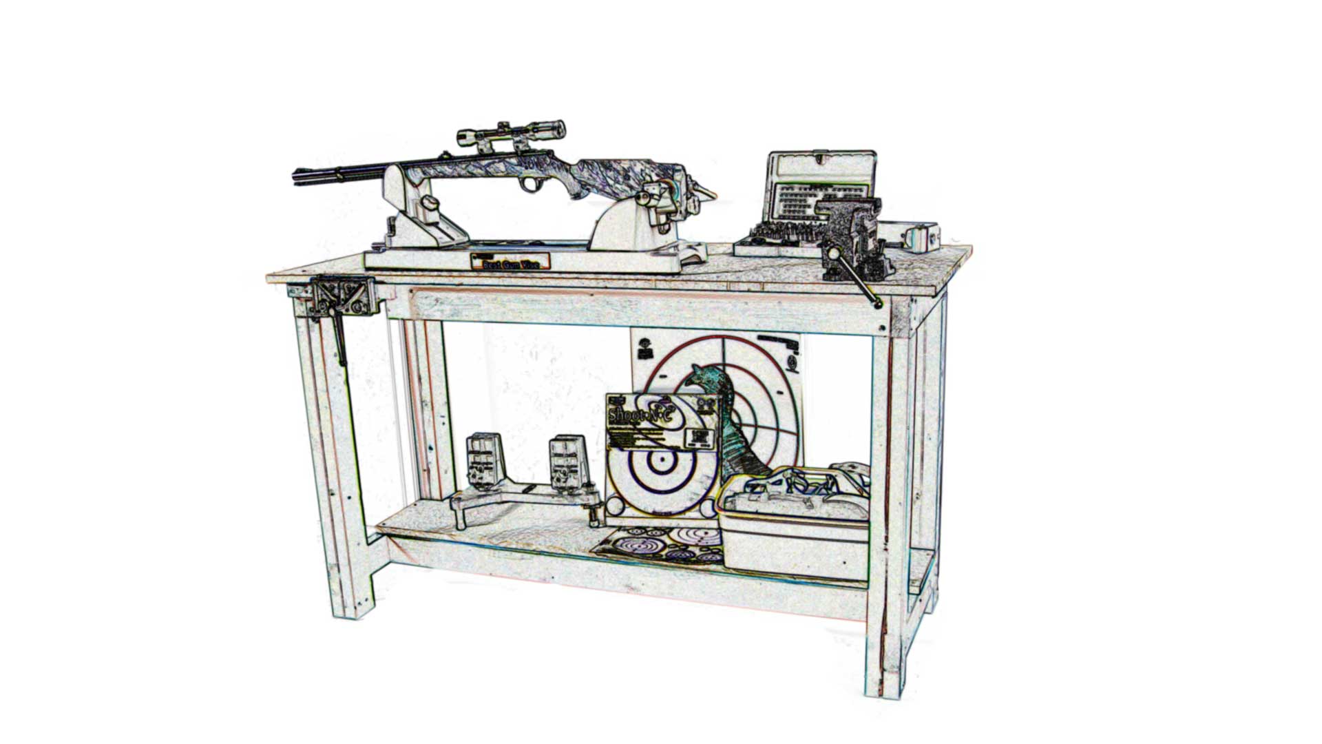 stylized drawing shooting bench tools rifle gun wood targets tools