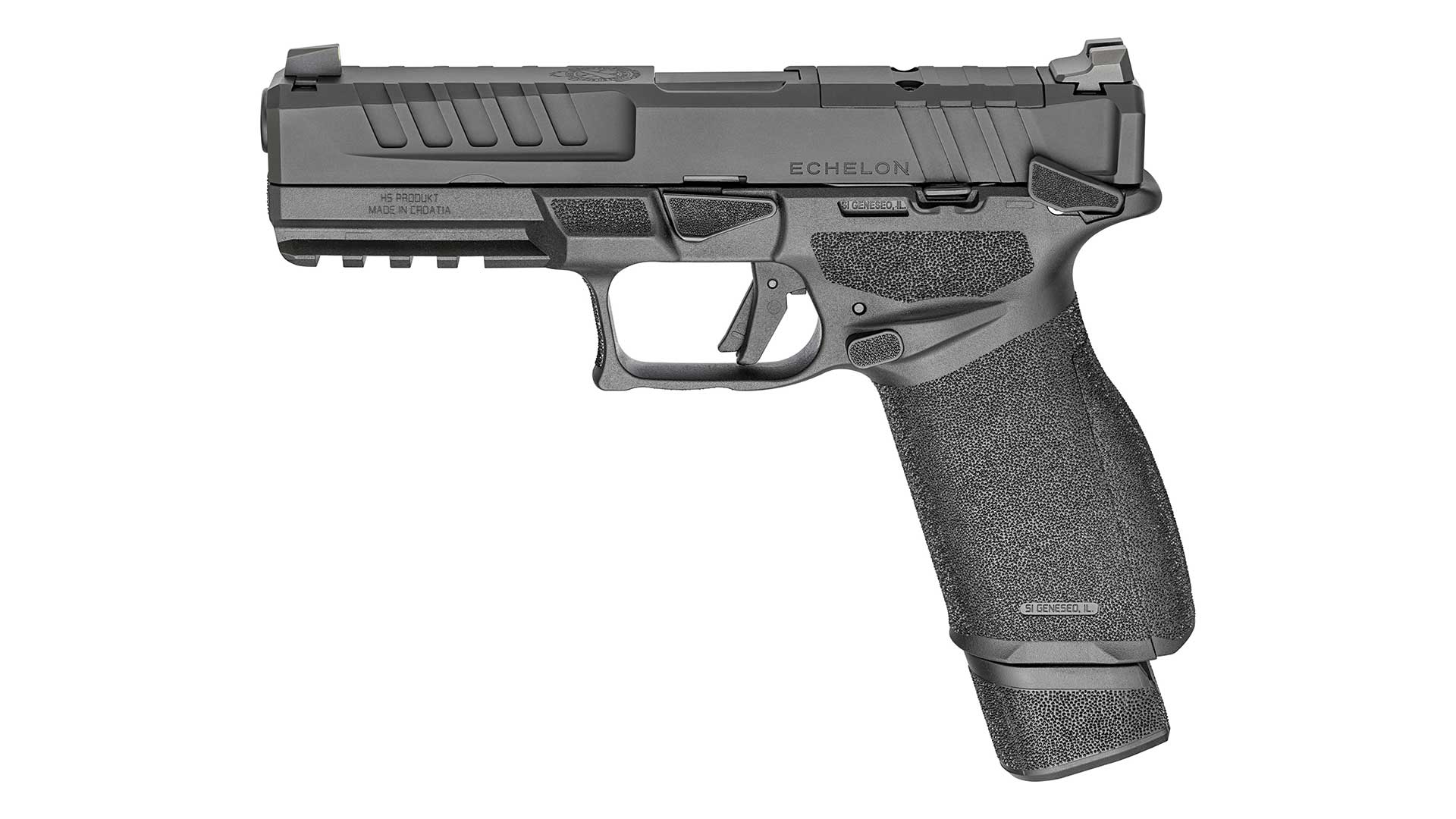 Left-side profile shot of the Springfield Armory Echelon equipped with a manual safety and extended 20-round magazine.