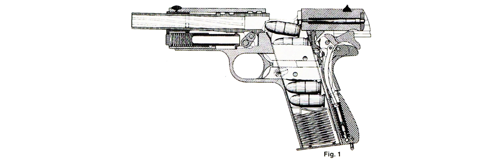 M1911 left-side view drawing showing cartridge feeding phase