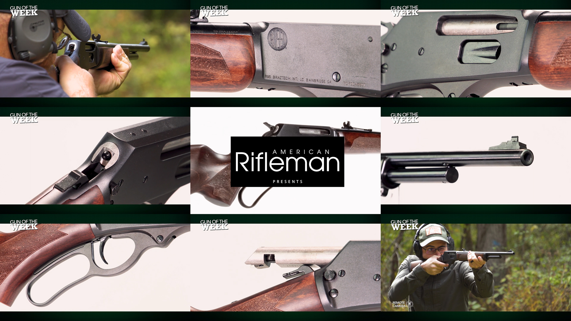 AMERICAN RIFLEMAN PRESENTS GUN OF THE WEEK text overlay mosic tiles arrangement nine images Rossi USA R95 lever-action rifle men shooting